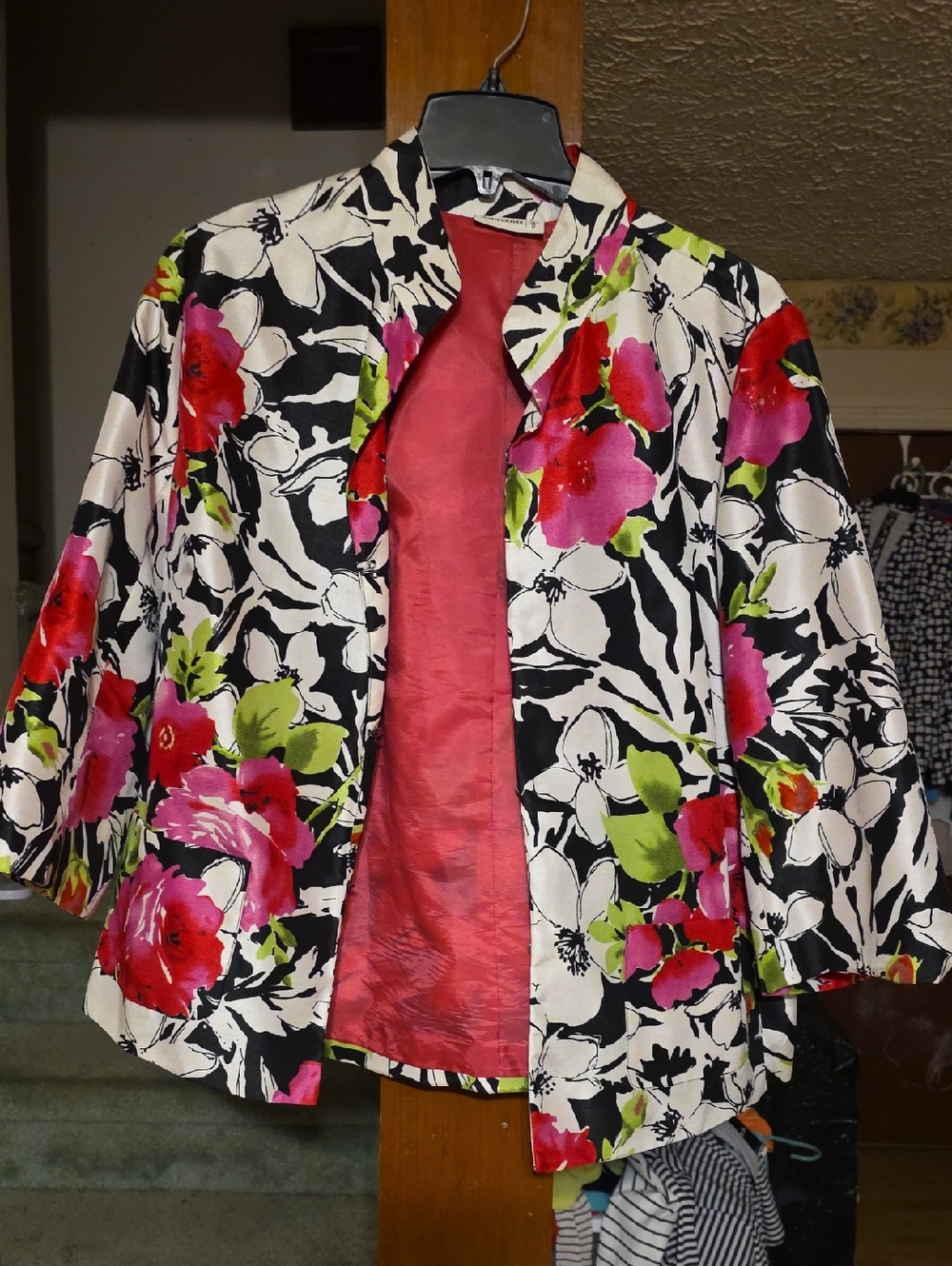 Susan Graver Black Floral Open-Front Jacket with Pink & Green Accents
